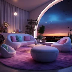 Fotobehang illustration of Futuristic living room psychedelic inspired ufo insp, Generative ai © aniartai
