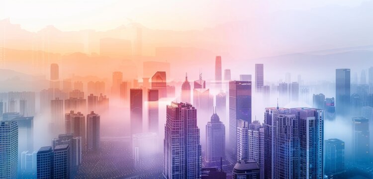 cityscape with skyscrapers in the style of double exposure photography background features a gradient in light blue and purple tones with orange hues Generative AI