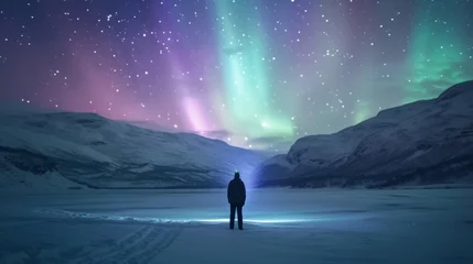 Selbstklebende Fototapeten A person stands in snow field with beautiful aurora northern lights in night sky in winter. © rabbit75_fot