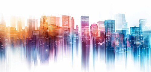 Abstract cityscape background with blurred skyscrapers and double exposure effect on white background Modern digital art of urban skyline in gradient colors Generative AI
