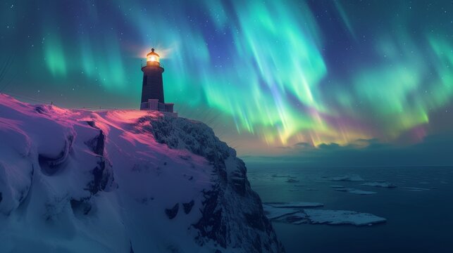 Lighthouse on cliff by sea with beautiful aurora northern lights in night sky in winter.