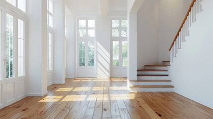 Obraz premium White walls, wooden floor, spacious living room, wooden stairs, sunlight shining on the floor. Empty space. Home. Cozy. 