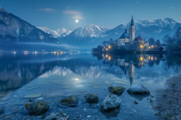 Moonlit Reflections,Capturing the Enchantment of an Enchanted Castle Mirrored in a Crystal-Clear Lake with Long Exposure