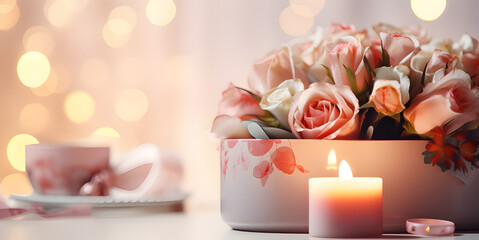 Luxury wedding celebration with elegant flower arrangements,Beautiful Romantic candle night dinner table decoration - obrazy, fototapety, plakaty