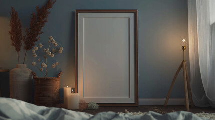 moldura de quadro em branco em uma sala decorada com boa iluminação - mockup