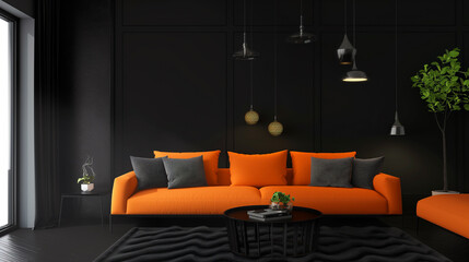 Sala de estar preta com iluminação escura com com sofá laranja 