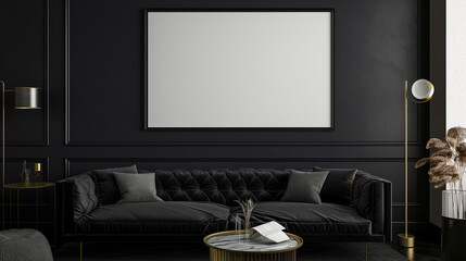 Sala de estar com paredes pretas e iluminação escura com uma moldura de quadro em branco na...
