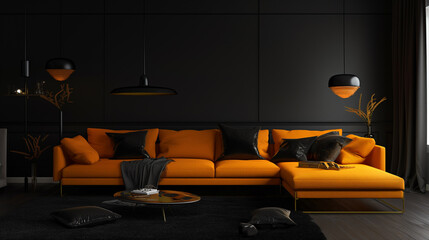 Sala de estar preta com iluminação escura com com sofá laranja 