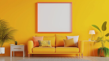 Sala de estar colorida com cores vibrantes com um quadro em branco no fundo - mockup