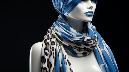 A mannequin displays a blue and white scarf showcasing its style and fashion appeal. Isolated