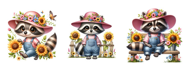 Cute watercolor raccoons with sunflower sublimation 