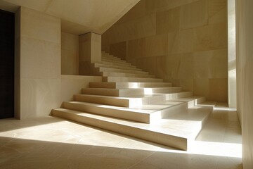 Monumental Steps: An awe-inspiring monument unfolds. Grand limestone stairs lead upwards, seemingly reaching for the heavens, within a fantastical, modern structure