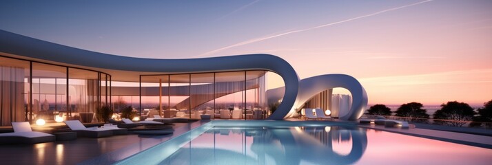 futuristic designed architecture of super modern luxury hotel - obrazy, fototapety, plakaty