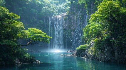 Wide shot of a lush forest with a majestic waterfall cascading into a serene cave, harmonious blend of natural elements, sense of wonder and tranquility. - obrazy, fototapety, plakaty