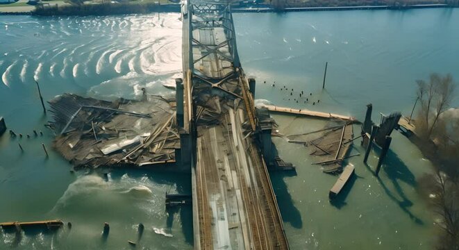 BALTIMORE, MD - Aerial of the Francis Scott Key Bridge in Baltimore after being struck by the cargo ship Dali 