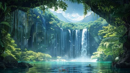 Wide shot of a lush forest with a majestic waterfall cascading into a serene cave, harmonious blend...