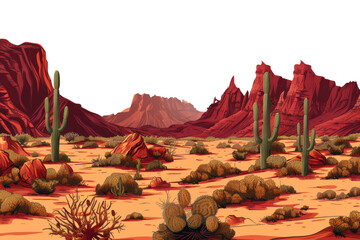 Panoramic desert landscape with cacti at sunset png on transparent background - obrazy, fototapety, plakaty