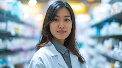 Obraz premium Portrait of an asian female smiling pharmacist in a drug store
