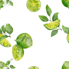 Seamless pattern watercolor with citrus lime fruit with green leaves background