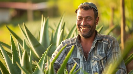 Portrait of male farmer in aloe vera plantation farm field. - obrazy, fototapety, plakaty