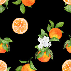 Seamless pattern watercolor with citrus orange fruit tropical background