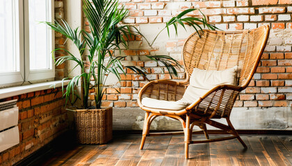 A wooden wicker chair with a cushion sits on the hardwood flooring in front of a brick wall. The cozy furniture piece provides comfort and compliments the rectangular building structure