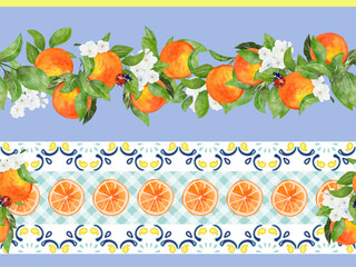 Watercolor seamless pattern siciliab folk with branches ripe orange. Hand painted citrus ornament