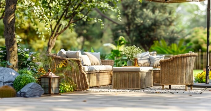 Wicker Garden Furniture Amidst Verdant Backyard Setting