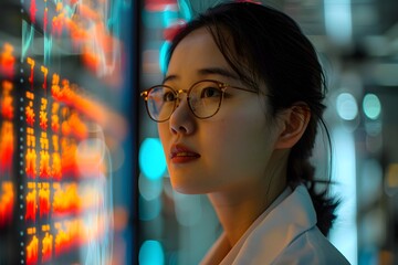 A asian scientist wearing  a white lab coat looks at a wall of data on a screen. scientific medical data research concept