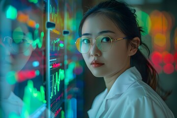 A asian scientist wearing  a white lab coat looks at a wall of data on a screen. scientific medical data research concept