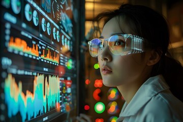 A asian scientist wearing  a white lab coat looks at a wall of data on a screen. scientific medical data research concept