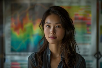 A asian scientist wearing  a white lab coat looks at a wall of data on a screen. scientific medical data research concept