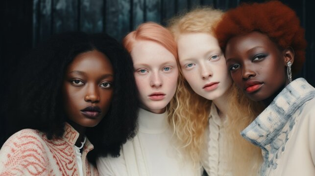 Four women with different hair colors and styles pose for a photo