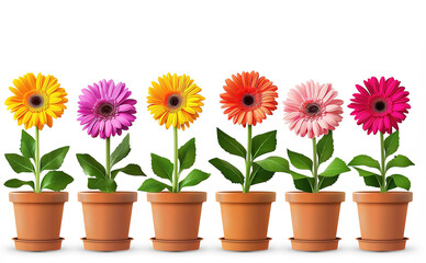 Set of Colorful Flowers Gerbera Daisies in Pots on White Background