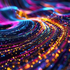 Glowing Data Cables Circular Patterns: 3D Render with Light Streaks and Bokeh