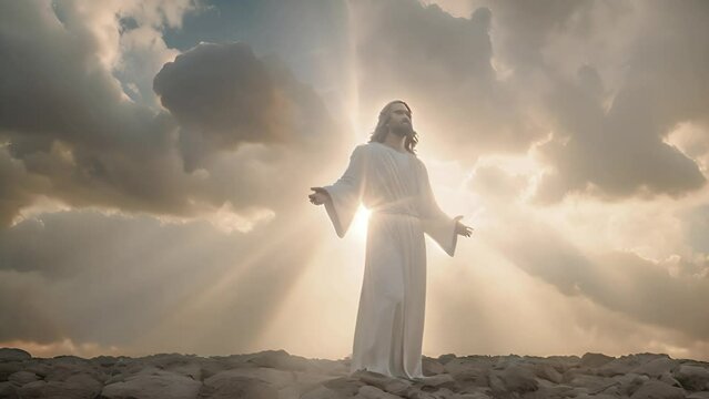 The resurrected Jesus Christ ascending to heaven above the bright light sky and clouds and God, Heaven and Second Coming concept Heaven and cross, Faith and salvation of Jesus Christ 4k video