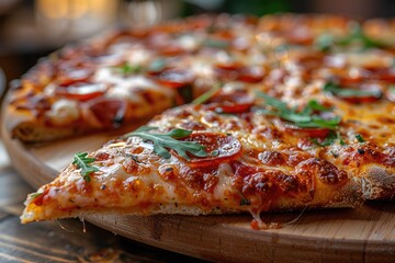 a slice of pizza is placed on a small modern wooden board on a clean kitchen table professional...