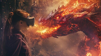 A female is in a virtual fantasy world with a fire dragon when wearing VR headset.