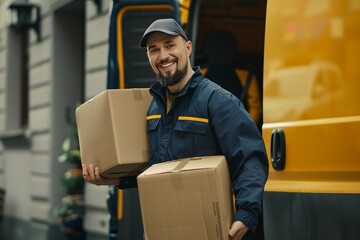 A smiling delivery man in a blue uniform carrying two cardboard boxes stands against the background of a yellow and black van