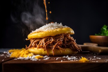 Arepa stuffed with shredded meat on a dark background