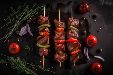 BBQ Beef veal shish kebab Skewers top view on dark background