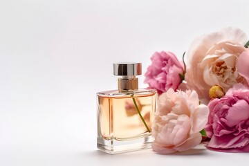 Bottle of luxury perfume with flowers on white background