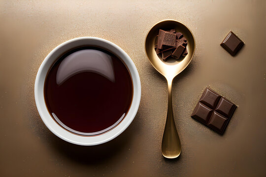 A sharp image depicting a cup of coffee with spoon, next to a piece of chocolate