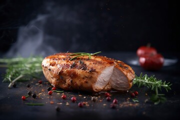 Delicious fresh grilled chicken fillet with spices and herbs on a dark concrete smoky background