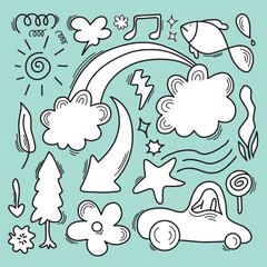 hand drawn doodle vector set.Various icons such as clouds, car, stars, speech bubbles, arrows, lines isolated on blue background.