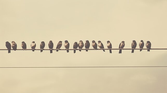 vintage photo A group of birds on a wire, copy space