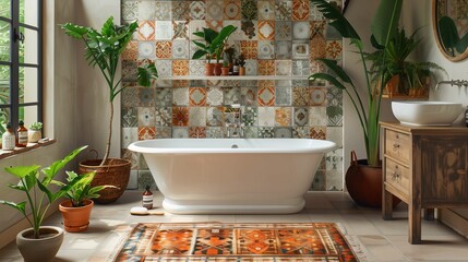 Vintage Style Bathroom with Freestanding Bathtub and Patterned Tiles