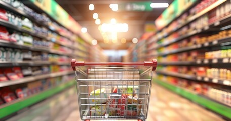 Exploring Supermarket Shelves with a Shopping Trolley - obrazy, fototapety, plakaty