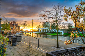 Bedford riverside bridge on the Great Ouse river at sunrise. England