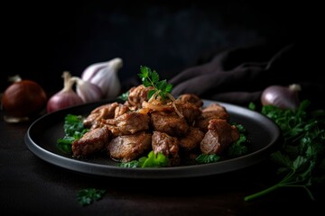 Fried chicken liver with onions and parsley in a plate on Dark background